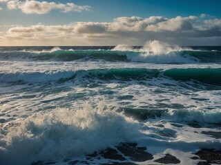 Large ocean waves roll, crash towards shore, creating white, foamy crests. Deep blue-green water illuminated by sunlight, contrasting with dark, ominous clouds in distance.