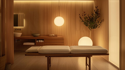 A serene acupuncture treatment room with minimalist decor and earthy tones, featuring a comfortable treatment table and ambient lighting, illustrating the practice of acupuncture as 
