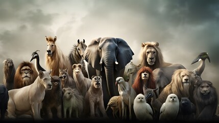 animals in the forest, animals in the wood, Animals sitting together, dog, cat, lion - Powered by Adobe