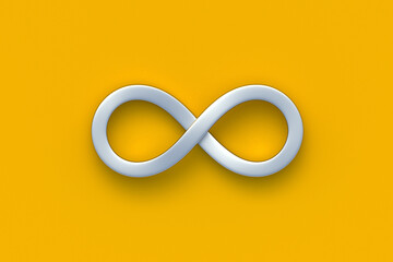 Infinity symbol on orange background. Eternal loop. Endless line. Unlimited future. Boundless strip in shape of 8. Top view. 3d render