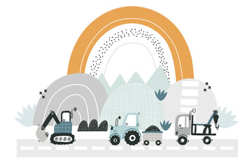 Vector kids illustration with cute funny construction machines. Tractor, bulldozer, excavator, truck. Mountains and hills, plants, rainbow. Boho trendy design.. City with cars, road, highway. Nursery. © ZHUKO