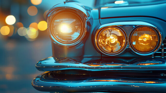 Retro car's front light captured from a low angle, shining brightly against the contrasting cool blue of early twilight.