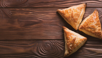 Freshly baked turnovers on brown wooden table. Tasty food. Homemade bakery. Baked goods. Top view. - obrazy, fototapety, plakaty