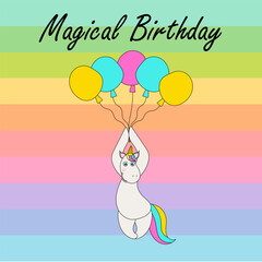 happy birthday card with cute unicorn icon over white background. colorful design. vector illustration