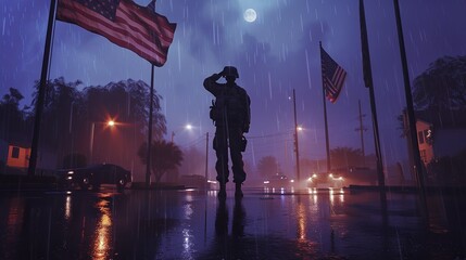 A Marine Standing in the Rain Saluting the American Flag

