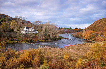 The River Ewe winding it's way towards the sea, Loch Ewe near Poolewe in the Scottish Highlands in autumn