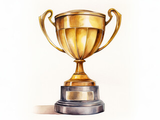 Watercolor painting of A gold cup with a gold rim sits on a black base