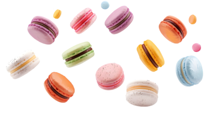 Various colorful of macarons floating on the air isolated on a transparent background