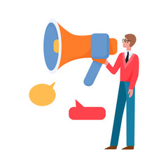 PR manager holding megaphone, tiny man with big loudspeaker and speech bubbles of messages vector illustration