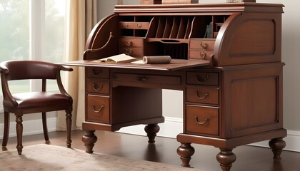 Fototapeta na wymiar A vintage writing desk with a roll top cherry wood finish brass hardware and antique look