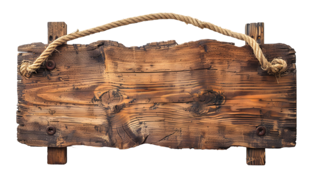 Wooden sign with ropes isolated on a transparent background