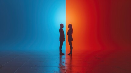 Minimalist background, two people standing opposite each other facing the camera, with contrasting colors on one side and light blue tones on another
