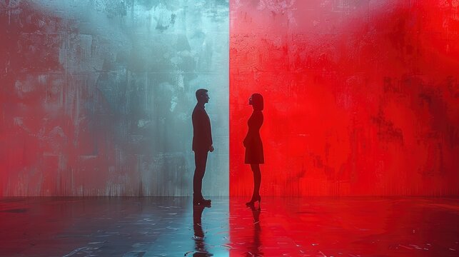 Minimalist background, two people standing opposite each other facing the camera, with contrasting colors on one side and light blue tones on another