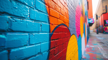Street art: vibrant wall graffiti with vivid colors and shapes in a daytime alley setting.