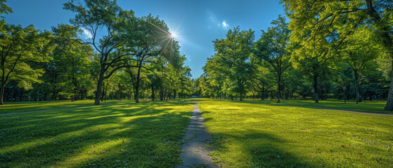 Obraz premium Capturing the beauty and tranquility of a public park through a low angle view, showcasing the trees and walk paths