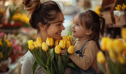 Happy mother and daughter with yellow tulips at flower shop, giving flowers to each other. Mother's day concept