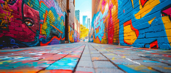 Colorful and dynamic wall graffiti art adorning a city alleyway during the daytime, featuring a variety of bright colors and abstract shapes.