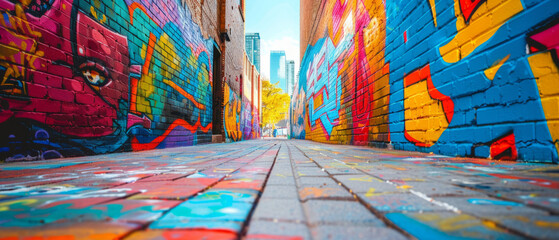 Fototapeta premium Colorful and dynamic wall graffiti art adorning a city alleyway during the daytime, featuring a variety of bright colors and abstract shapes.