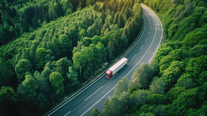Fototapeta premium A lone truck travels a forest-lined highway, merging technology with nature's tranquility Generative AI