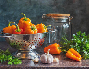 Colander of Orange Habanero Peppers, Cilantro, Garlic, Empty Glass Canning Jars on Kitchen Counter AI - obrazy, fototapety, plakaty