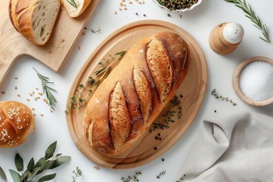 handcrafted artisan bread loaves on wooden platter, top view