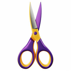 A pair of open purple and yellow scissors.