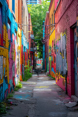 Fototapeta premium Vibrant and colorful wall graffiti in an alley during daytime.