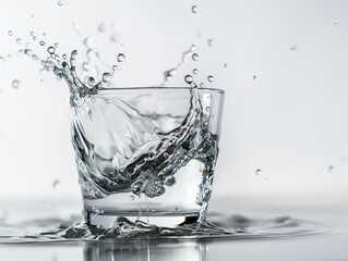 Clear water splashing over the edge of a transparent glass against a white background. - obrazy, fototapety, plakaty
