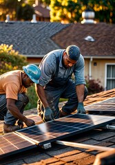 Two tradesmen installing solar panels on a building roof