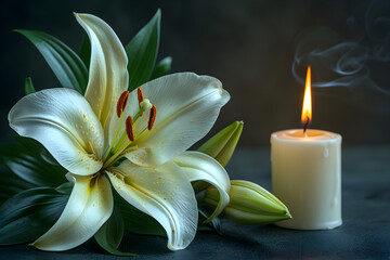 A lily and burning candle on a dark background, representing funeral white flowers.