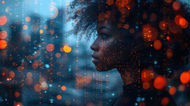 A young black woman with double exposure of computer code and digital data in the background