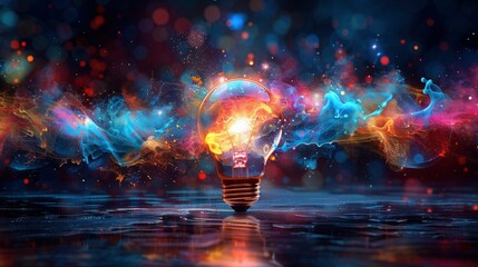 Creative colorful light bulb with a flying splash of paint on a dark blue background