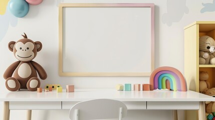 Inviting kid's room scene showing a white desk and mock-up frame, adorned with a plush monkey, wooden blocks, and a colorful rainbow ornament