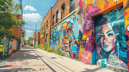 Local street corner transformed by colorful graffiti murals telling community stories.