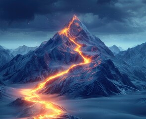 3d illustration of glowing path leading to the top mountain peak
