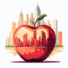 A red apple is surrounded by a cityscape