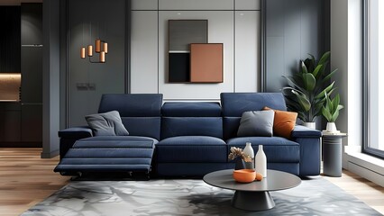 Modern Scandinavian Living Room featuring a Dark Blue Sofa Recliner. Concept Scandinavian Design, Dark Blue Sofa, Modern Living Room, Interior Decor, Recliner Sofa
