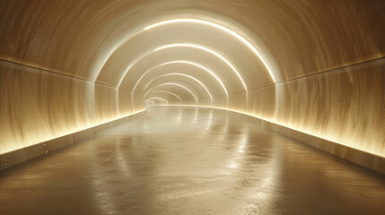 An underground tunnel that is sleek and modern, featuring smooth walls and ambient lighting.
