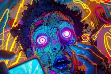 psychedelic portrait, madness from gadgets, doom scrolling concept