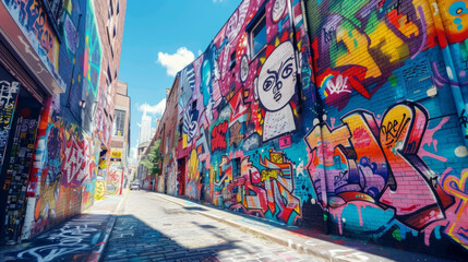 Naklejka premium Exploration of urban street art through a vibrant and captivating display of graffiti designs on a wall.