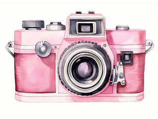 Watercolor painting of A pink camera with a white background