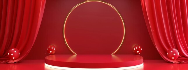 Elegant Red Stage with Golden Circle Frame, Red Curtains & Orbs for Luxurious Display