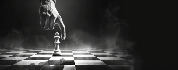 Strategic Move in Chess Game with Hand Moving King Piece in a Dramatic Monochrome Setting