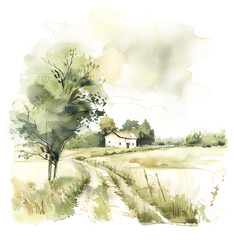 Rustic house among vibrant watercolor nature