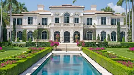 Fototapeta premium Luxurious villa in white with orange tiles, green garden, swimming pool, large yard