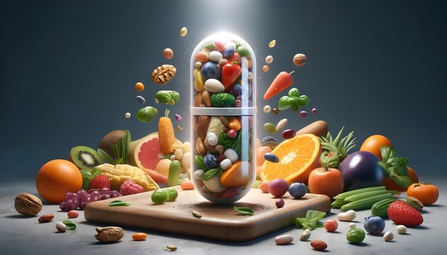Medicine health concept. Nutritional supplement and vitamin supplements as a capsule with fruit vegetables and beans inside a nutrient pill.