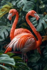 Flamingo with pink feathers in the jungle