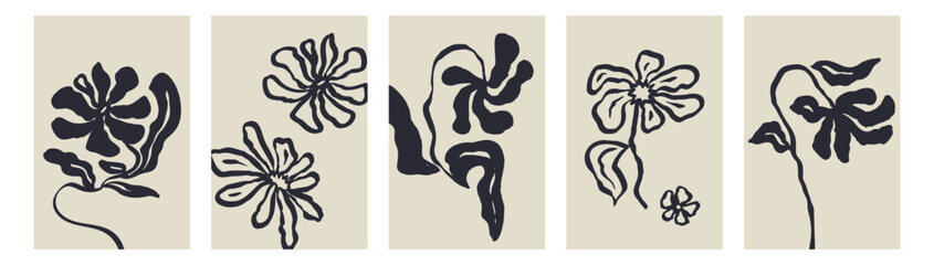 Set of 5 abstract minimalist cards with ink blooms. Monochrome floral posters bundle with black scandinavian flowers.