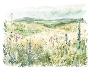 Colorful watercolor of a meadow with various flowers