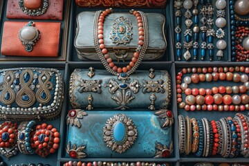 Obraz premium An image displaying an exquisite collection of vintage jewelry with intricate designs and vibrant colors